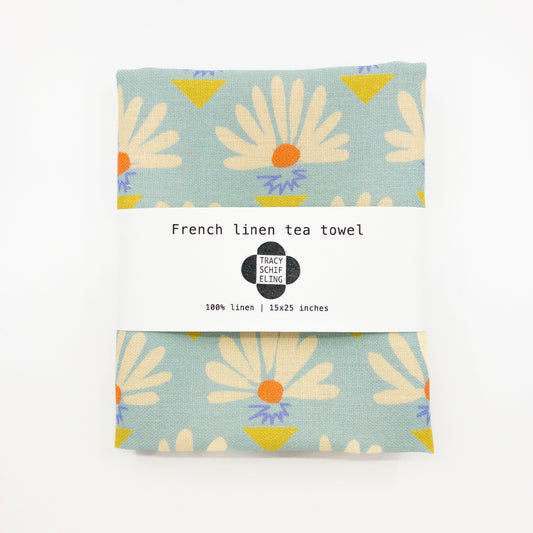 Linen Tea Towel - Teal Fan Flowers