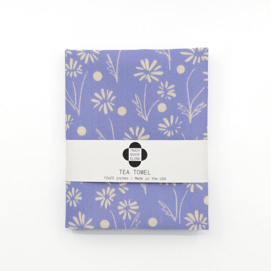 Cotton Linen Tea Towel - Periwinkle Daisy