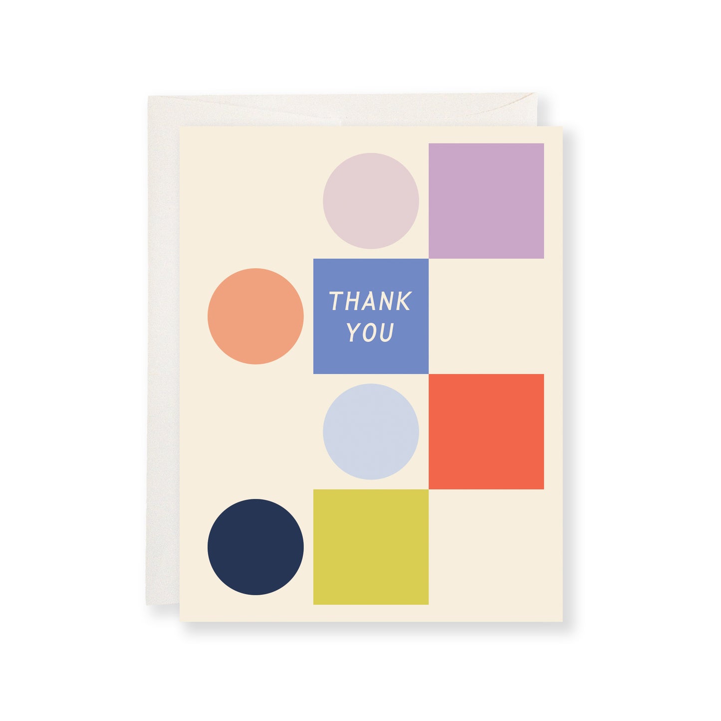 Thank you greeting card with a colorful circles and squares design.