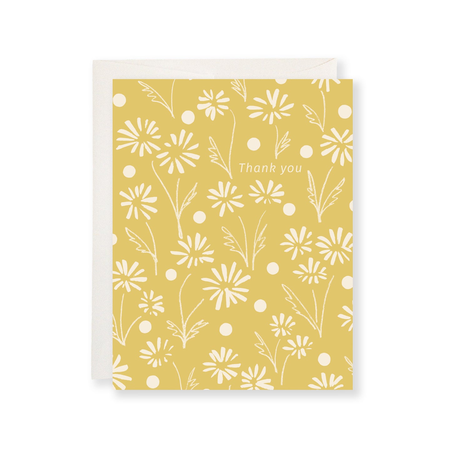 Yellow greeting card with hand-drawn daisies and dots and text that reads "Thank you".